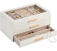 Lolalet Gioielli Scatola Organizzatore con Finestra Trasparente, Grande Custodia Gioielli con Cassetto, Anelli Orecchini Braccialetti Collane Titolare per le Donne -3 Layer, Beige