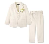 LOLANTA 2 Pezzi Completo Giacca e Pantaloni in Lino per Bambino, Abito Cerimonia Elegante Bambino, Ragazzi Paggetto Matrimoni Battesimo Abito in Lino Suit Set, Beige, 12-13 Anni, 160