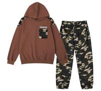 LOLANTA 2PCS Tuta da Ginnastica per Bambini Felpa per Ragazzi Top con Cappuccio e Pantaloni da Cargo Mimetici, Marrone, 10-11 anni, 150