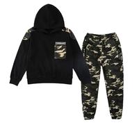 LOLANTA 2PCS Tuta da Ginnastica per Bambini Felpa per Ragazzi Top con Cappuccio e Pantaloni da Cargo Mimetici, Nero, 11-12 anni, 160