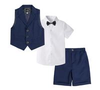 LOLANTA 4 Pezzi Bambini Ragazzi Abbigliamento Set Camicia + Papillon + Gilet + Pantaloni, Ragazzo Gentleman Nozze Smoking Cerimonia, Blu Scuro, 7-8 Anni, 140
