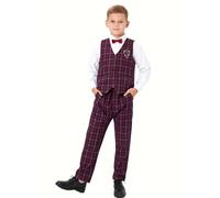 LOLANTA 4 Pezzi Ragazzo Panciotto Elegante da Completo,Gilet Panciotto da Cerimonia, Set de Gilet,Camicia,Pantaloni, Papillon(5-6 Anni,Rosso,Tag 120)