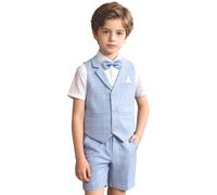 LOLANTA 4PZ Completo Cerimonia Bambino, Abito Bimbo Estivo con Gilet Pantalone Camicia e Papillon, 11-12 Anni, Blu, Tag 160