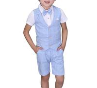 LOLANTA 4PZ Completo Cerimonia Bambino, Abito Bimbo Estivo con Gilet Pantalone Camicia e Papillon, 3-4 Anni, Blu, Tag 100