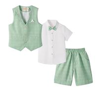 LOLANTA 4PZ Completo Cerimonia Bambino, Abito Elegante Bimbo Estivo con Gilet Pantalone Camicia e Papillon, 11-12 Anni, Verde Salvia, Tag 160
