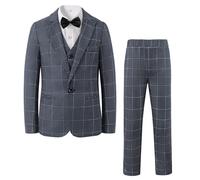 LOLANTA 5PZ Abito da Cerimonia per Bambino, Abito a Quadri per Matrimonio, Compleanno, Ballo, Giacca Gilet Pantaloni Camicia Papillon Abiti Formali(Grigio, 10-11 Anni, 150)