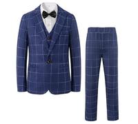 LOLANTA 5PZ Abito da Cerimonia per Bambino, Abito a Quadri per Matrimonio, Compleanno, Ballo, Giacca Gilet Pantaloni Camicia Papillon Abiti Formali(Blu, 10-11 Anni, 150)