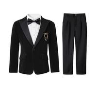 LOLANTA Abito da Cerimonia in Velluto Nero assoluto per Bambino - Completo Elegante per Matrimonio, Festa e Ballo Scolastico con Giacca, Pantaloni, Camicia e Papillon (Nero assoluto, 5-6 Anni, 120)