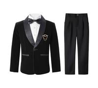 LOLANTA Abito di Velluto per Ragazzi, Completo da Paggetto Formale per Matrimoni, Set di Abiti Neri per Prom e Feste con Blazer, Pantaloni, Camicia e Papillon(Nero Corvino, 7-8 Anni, 130)