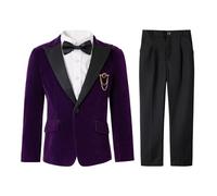 LOLANTA Abito Viola per Ragazzi, Completo da Paggetto Formale per Matrimoni, Set di Abiti per Prom e Feste con Blazer di Velluto, Pantaloni, Camicia e Papillon(Viola, 5-6 Anni, 120)