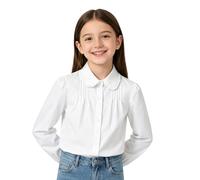 LOLANTA Camicia per Bambine a Maniche Lunghe con Colletto Peter Pan Arricciato, Misto Poliestere Cotone, Camicia da Uniforme Scolastica, Bianco (Colletto a Volant), 9-10 Anni, 140