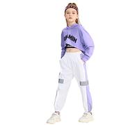LOLANTA Completi Hip Hop per Bambini in 3 Pezzi, Tuta da Ragazza, Felpa con Cappuccio, Canotta, Pantaloni Jogger, Viola, 6-7 anni, 130