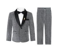 LOLANTA Completo Elegante per Bambin, Smoking da Ragazzo, Abito da Festa Luccicante per Ragazzi, Outfit per Paggetto con Blazer, Pantaloni, Camicia e Papillon(Grigio Scuro, 10-11 Anni, 150)