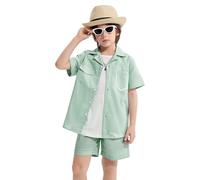 LOLANTA Completo Estivo 2 Pezzi Bambino, Set Camicia e Pantaloncini Verde in Cotone e Lino, Abbigliamento da Spiaggia (Verde, 11-12 Anni, 160)