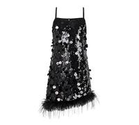 LOLANTA Costume Ballo Paillettes Ragazze Orlo Sfilacciato Staccabile Abito Festa Senza Maniche Abiti Moderni Ballo Sala Abito Carnevaleda Scintillante, Nero, 10-11 Anni, 150