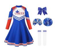 LOLANTA Costume da Cheerleader per Bambini, Uniforme de Cheerleader per Ragazze con Pompones y Calcetines, Disfraz de animadora para el Carnaval de Halloween(Blu,14-15 Anni, 170)