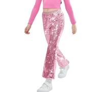 LOLANTA Girls Flare Sequin Trousers, Casual Elastic Mid-Waist Bell Bottoms, Kids Retro Sparkly Pants for Dance Dress up, Rosa, 6-7 Anni, 130