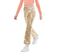 LOLANTA Girls Flare Sequin Trousers, Casual Elastic Mid-Waist Bell Bottoms, Kids Retro Sparkly Pants for Dance Dress up, Champagne, 6-7 Anni, 130