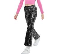LOLANTA Girls Flare Sequin Trousers, Casual Elastic Mid-Waist Bell Bottoms, Kids Retro Sparkly Pants for Dance Dress up, Nero, 10-11 Anni, 150