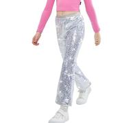 LOLANTA Girls Flare Sequin Trousers, Casual Elastic Mid-Waist Bell Bottoms, Kids Retro Sparkly Pants for Dance Dress up, Argento, 8-9 Anni, 140