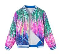 LOLANTA Ragazze Bomber di Paillettes con Tasche, Cerniera, Manica Lunga, Giacche da Baseball Scintillanti per Bambino, Ombre blu rosa, 5-6 anni, 120