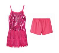 LOLANTA Ragazze Costume da Ballo con Frange di Paillettes, Abiti da Ballo Latino Salsa Rumba per Bambini, Mini Abito da Ballo Senza Maniche con Nappe e Pantaloncini, Rosa, 8-9 Anni, 140