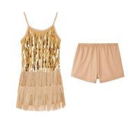 LOLANTA Ragazze Costume da Ballo con Frange di Paillettes, Abiti da Ballo Latino Salsa Rumba per Bambini, Mini Abito da Ballo Senza Maniche con Nappe e Pantaloncini, Oro, 8-9 Anni, 140