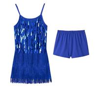 LOLANTA Ragazze Costume da Ballo con Frange di Paillettes, Abiti da Ballo Latino Salsa Rumba per Bambini, Mini Abito da Ballo Senza Maniche con Nappe e Pantaloncini, Blu Royal, 4-5 Anni, 110
