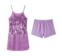 LOLANTA Ragazze Costume da Ballo con Frange di Paillettes, Abiti da Ballo Latino Salsa Rumba per Bambini, Mini Abito da Ballo Senza Maniche con Nappe e Pantaloncini, Viola, 4-5 Anni, 110