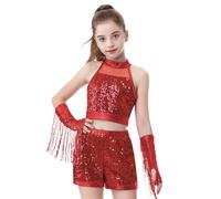 LOLANTA Ragazze Costume da Ballo in Paillettes, Vestito Scintillante da Danza Hip Hop Jazz, Abbigliamento da Danza da Strada per Bambini(Rosso, 10-11 anni, 150)