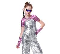 LOLANTA Top Metallizzate Bambina Corpetto Danza Lucido Danza Maglietta Danza Moderno Jazz Hip-Hop Brillanti Top per Ballo con Maniche Metalliche, Rosa, 11-12 Anni, 160