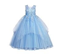 LOLANTA Vestito Cerimonia Bambina, Abito Fiori Prima Comunione Bambine, Vestiti da Ballo in Tulle di Pizzo Eleganti, Abito in Pizzo Floreale, Blu, 5-6 Anni, 120