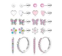 LOLIAS 10 Pairs Orecchini Bambina Anallergici In Acciaio Chirurgico, Set Orecchino Cerchio Ipoallergenico Rosa Multicolore Perla Cuore Farfalla Fiore Orecchini Argento 925 per Bimba Ragazza Donna