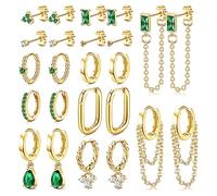 LOLIAS 12 Pairs Smeraldo Set Orecchini Oro Acciaio Chirurgico Orecchini Placcati Oro Donna Catena Ciondolo gli Orecchini Cerchio Oro Verde Piccolo Zircone Piercing Orecchio
