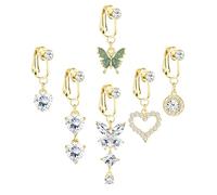 LOLIAS 6 Pz Oro Finto Piercing Ombelico Clip on per Donne Acciaio Chirurgico Ombelico Bar Ciondolo Cuore, Farfalla, Luna, Demone, Malocchio, Anelli