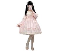 Lolita Abito da principessa da bambina stile giapponese a rete con perline fiocco a maniche lunghe maglione casual quotidiano, Rosa, taglia unica