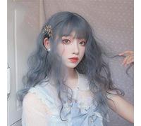 Lolita Cute Blue Wave Wig with Bangs for Women Long Heat Resistant Synthetic Hair Party Cosplay Wigs+ Wig Cap M35