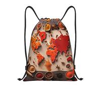 LOLOBFZL Zaino sportivo leggero con coulisse con immagine di rosa gialla, zaino sportivo pieghevole quotidiano con coulisse, mappa del mondo fatta di spezie, piccoli, zaini, mappa del mondo fatta di