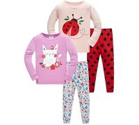LOLPIP Pigiama da bambina 100% cotone pigiama per bambini a maniche lunghe 4 pezzi Set 1-12 anni, coccinella gatto, 6 anni