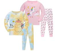 LOLPIP Pigiama da bambina 100% cotone pigiama per bambini a maniche lunghe 4 pezzi Set 1-12 anni, Unicorno rosa + colore giallo cravatta, 5 anni