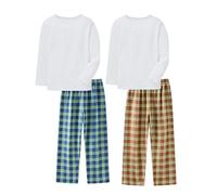 LOLPIP Pigiama da ragazzo Set da 4 pezzi per bambini Abbigliamento elasticizzato a coste cotone pigiameria bianca Top Pantaloni a quadretti da notte 3-11 anni, Lungo-assegnato-marrone-blu, 4 pezzi, 12