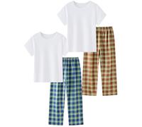LOLPIP Pigiama da ragazzo Set da 4 pezzi per bambini Abbigliamento elasticizzato a coste cotone pigiameria bianca Top Pantaloni a quadretti da notte 3-11 anni, Carorot-marrone-blu, 4 pezzi, 8 anni