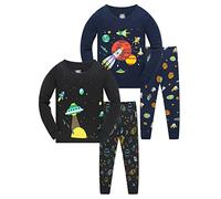 LOLPIP Pigiama per ragazzi Dinosauri Rockets Shaks Truck manica lunga 4 pezzi pigiameria 2-14 anni pigiama set, Razzo-nero-blu-4 pezzi, 6-7 Anni