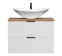 Lomadox Lavabo 80 cm con lavandino rialzato, bianco con rovere Nb, frontale scanalato, lavabo in ceramica bianco marmorizzato