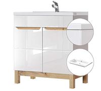 Lomadox - Mobile da bagno con lavabo, 80 cm, lavabo in ceramica, colore: bianco lucido e quercia, 81 cm 81 x 85 x 46 cm