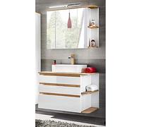 Lomadox - Mobile da Bagno con lavabo, Bianco Lucido, con lavabo in Ceramica ● 94 cm, armadietto a Specchio a LED con 3 Ante a Specchio per la visualizzazione 3D