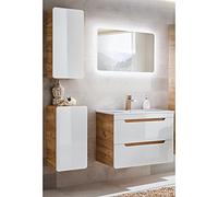 Lomadox - Mobile da bagno con lavabo in ceramica, armadietto pensile e specchio da bagno con illuminazione a LED, 4 pezzi, colore: Bianco lucido