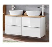 Lomadox Mobile da bagno doppio, 121 cm, mobiletto lavabo in bianco lucido con legno di voto, con 2 lavelli in ceramica