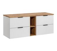 Lomadox Mobile doppio lavabo 140 cm bianco con rovere Nb., frontale scanalato, piano lavabo in rovere, 4 cassetti