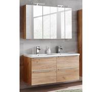 Lomadox Set completo di mobili da bagno con 2 armadi a specchio e doppio lavabo da 120 cm, in ceramica, rovere e bianco lucido, larghezza 120 cm